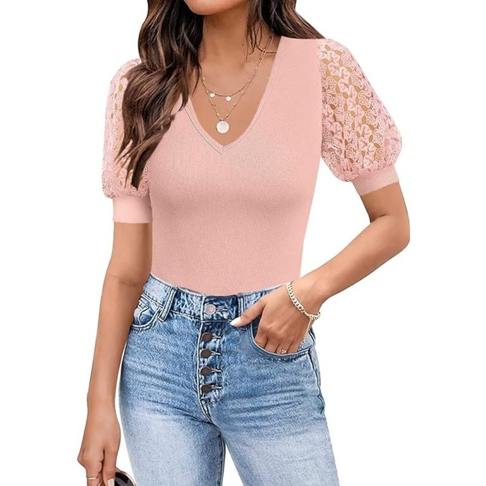 Crochet Lace Puff Sleeve Bodysuit XL Pink V Neck Ribbed Knit Snap Closure NEW